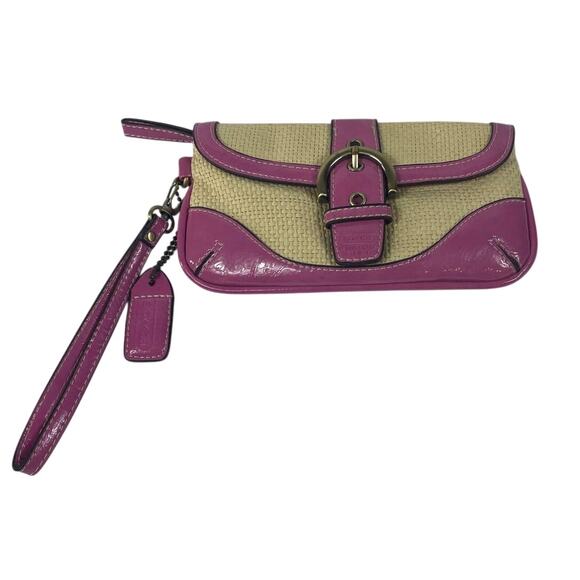 Coach Leatherware Wristlet Woven Straw Pink Soho Buckle Clutch - Picture 1 of 8
